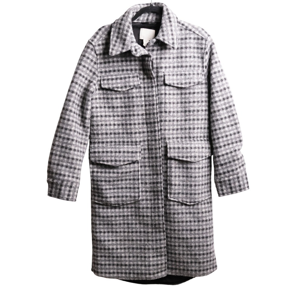 H&M Womens Gray Plaid Longline Shacket Coat Shirt Jacket Oversized S Academia